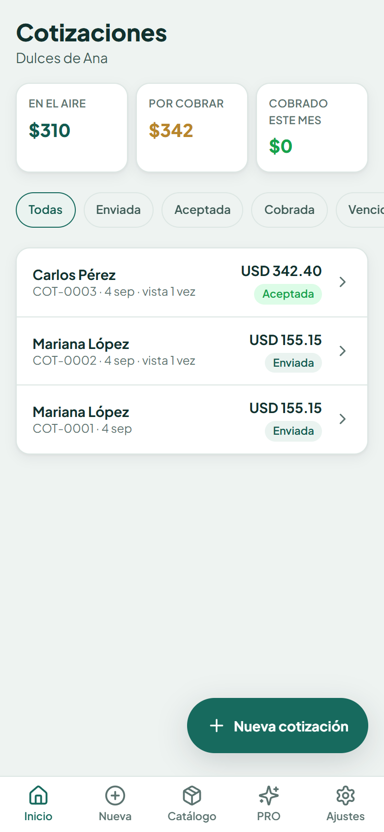 Inicio con los montos en el aire, por cobrar y cobrado